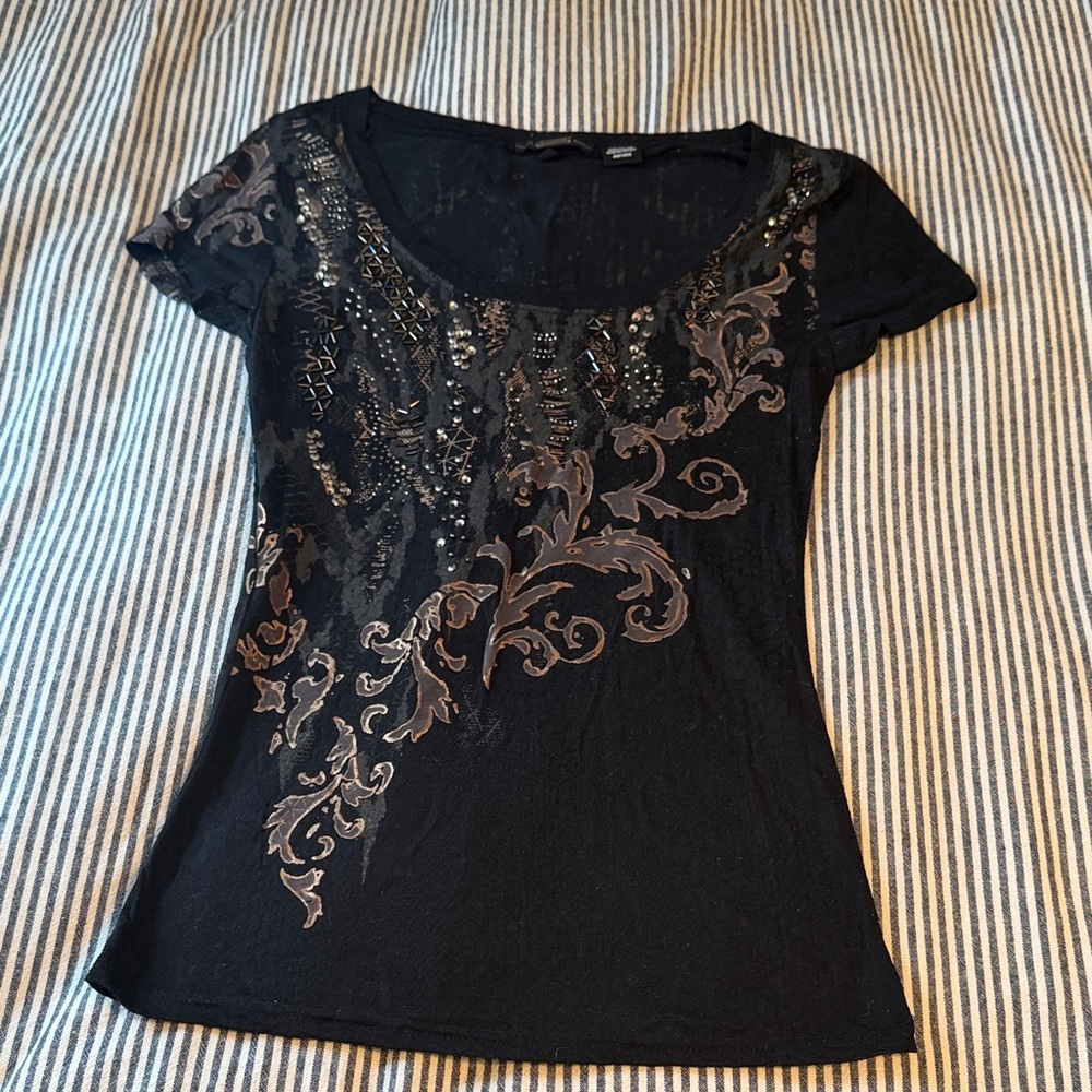 Miss Me Black Short Sleeve Top with Silver Accents